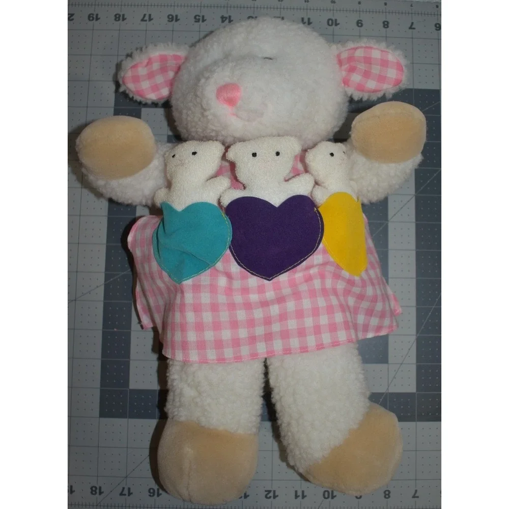 Vintage 1993 Dakin Mother Sheep Plush Pink Gingham Dress with 3 Baby Lambs 16 in